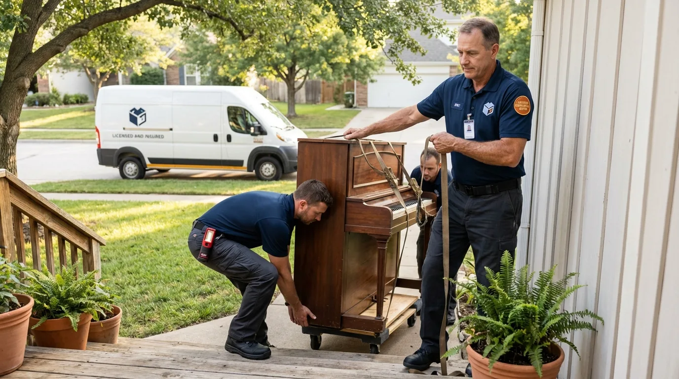 Licensed piano movers securing grand piano in Twain Harte, CA