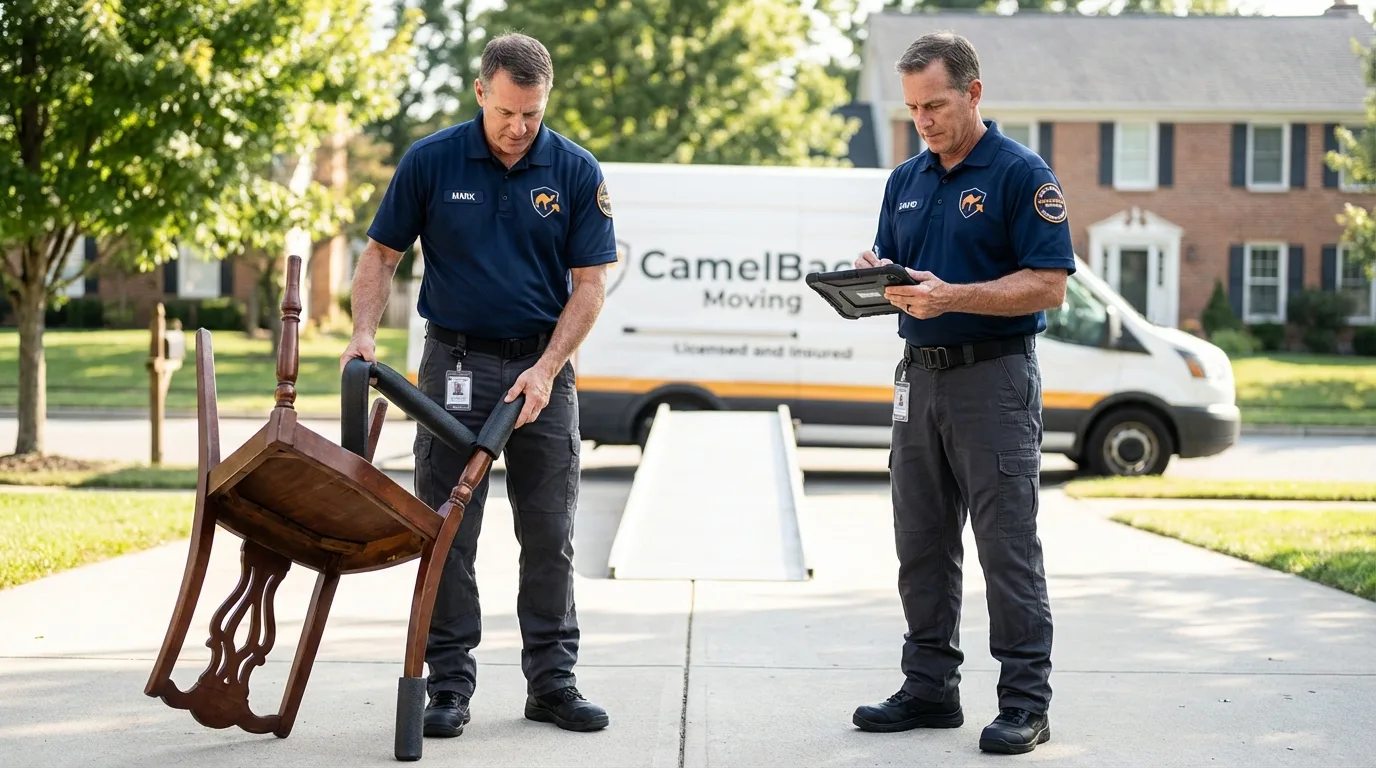 Movers inspecting furniture for damage prevention before loading in Twain Harte, CA